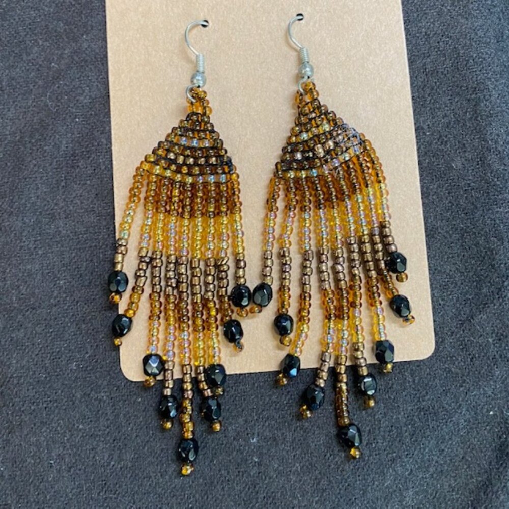 Brown and Gold Beaded Dangling Earrings